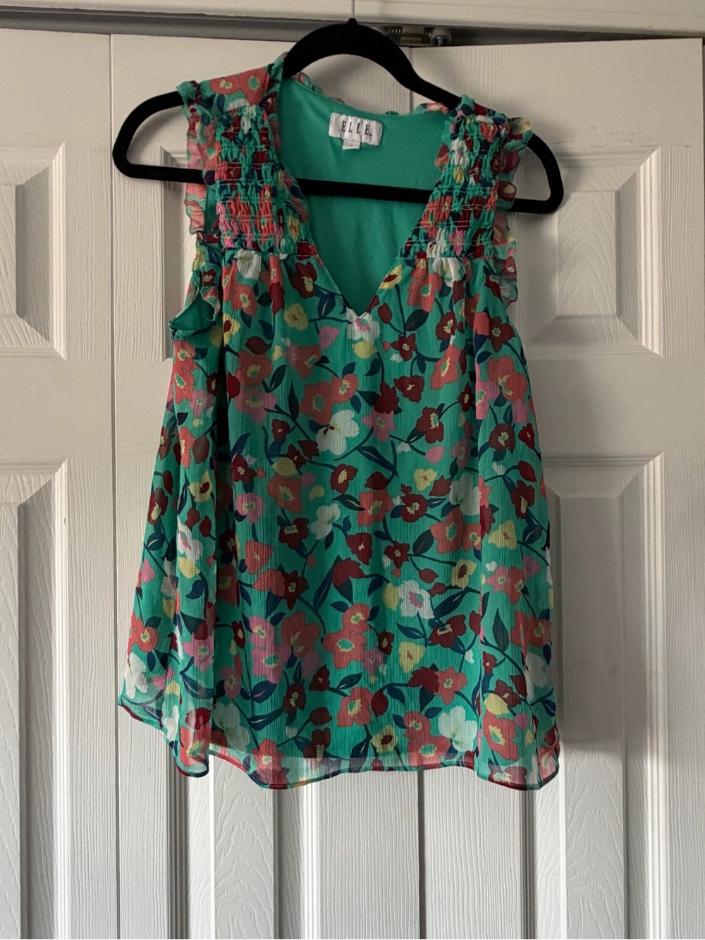 Elle Teal Floral Ruffle-Shoulder Tank